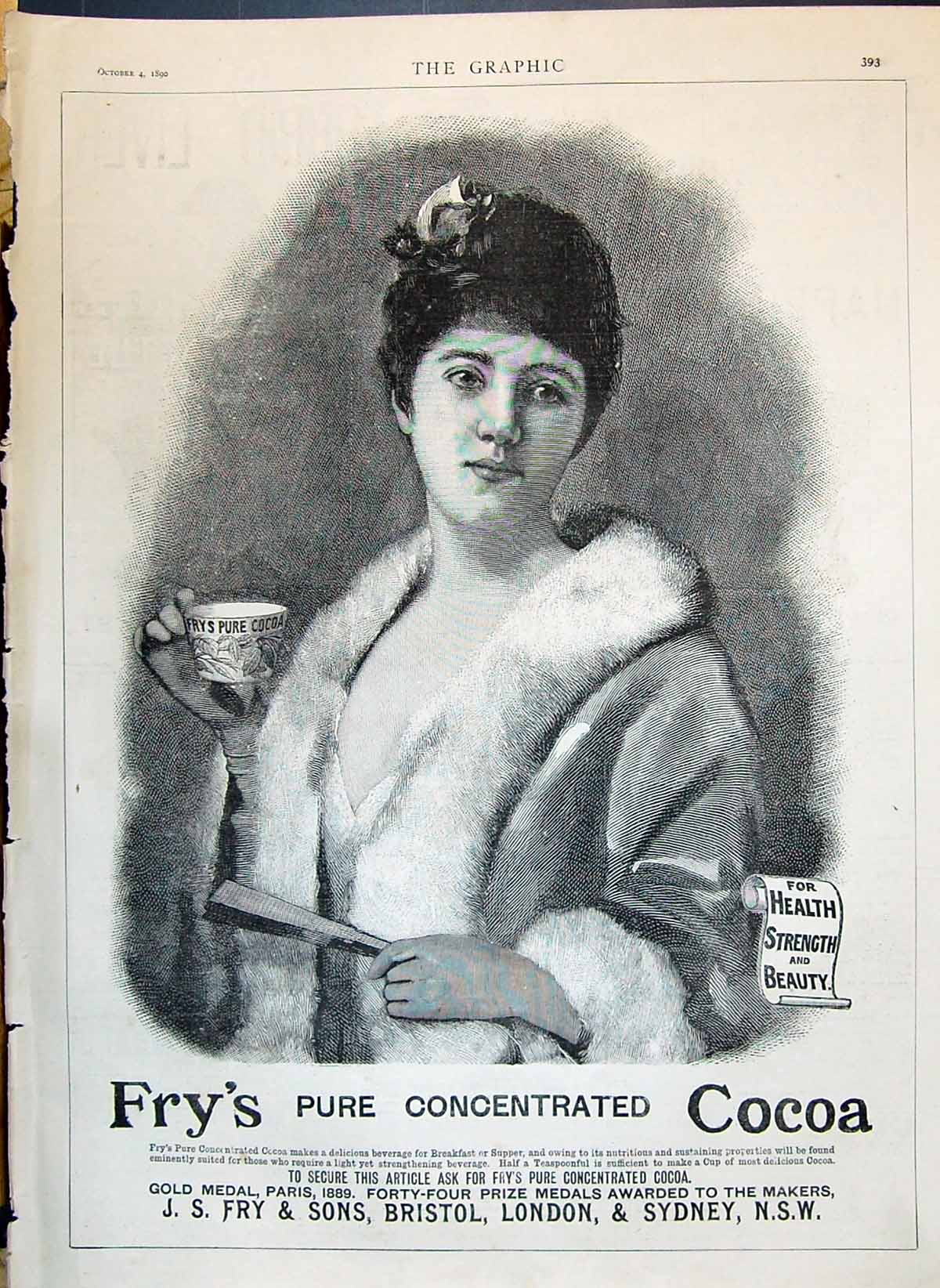 Antique Old Print 1890 Fry'S Pure Concentrated Cocoa Bristol London Sydney 19th