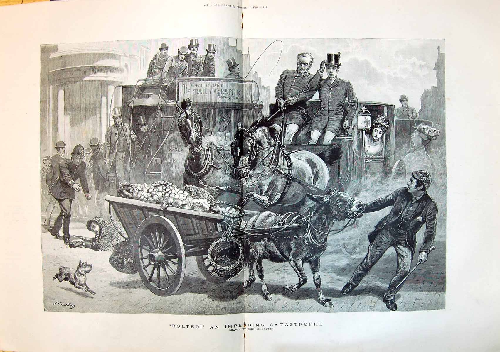 Antique Print 1890 Horses Bolted Transport Coach Fruit Cart John Charlton 19th