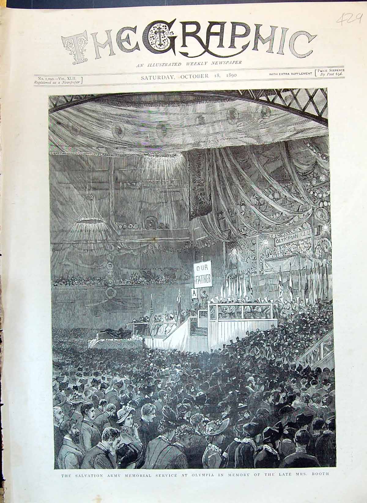 Antique Print 1890 Salvation Army Memorial Service Olympia Memory Mrs Booth