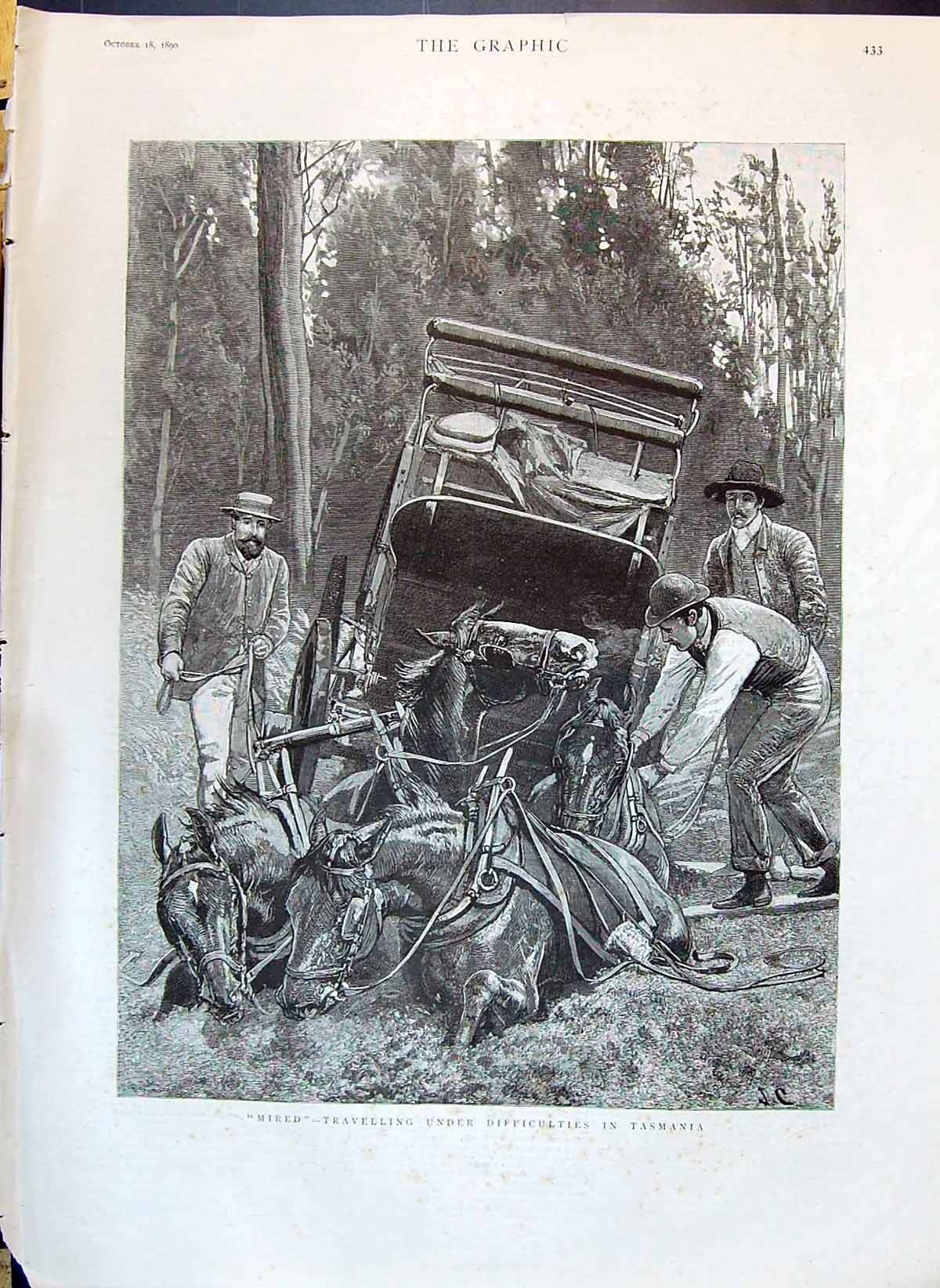 Old 1890 Travelling Under Difficulties Tasmania Horses Stuck Transpor Victorian