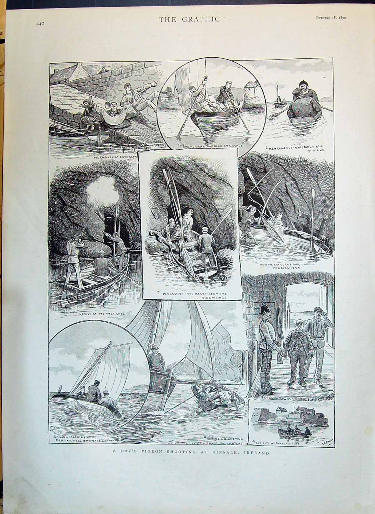 Old Antique Print 1890 Day'S Pigeon Shooting Kinsale Ireland Boats Sport 19th