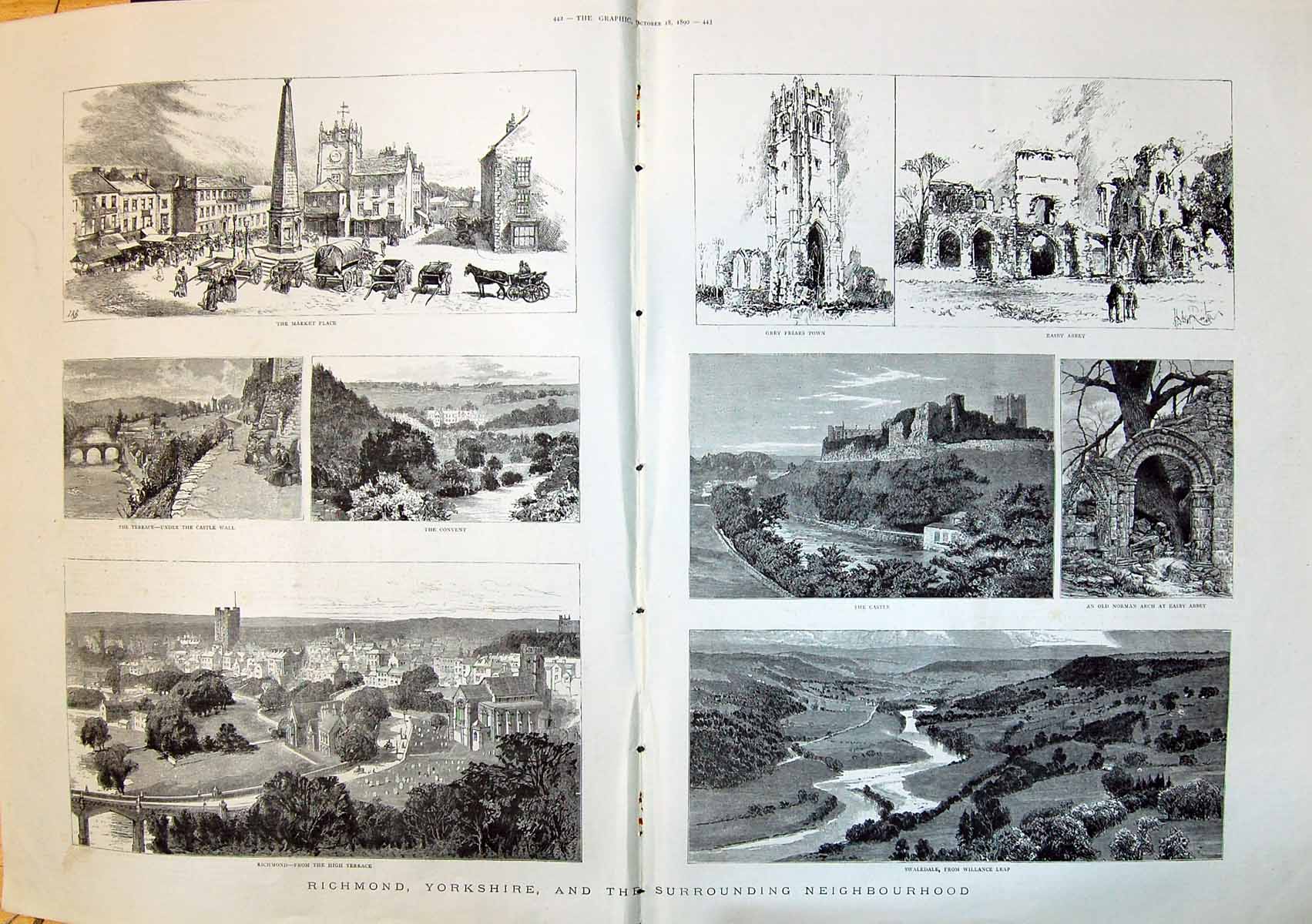 Antique Print 1890 Richmond Yorkshire Swaledale Castle Easby Abbey Grey Fria