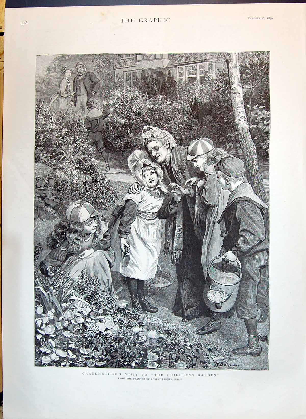 Old 1890 Grandmother Visit Children Garden Scene Crematorium Manchest Victorian