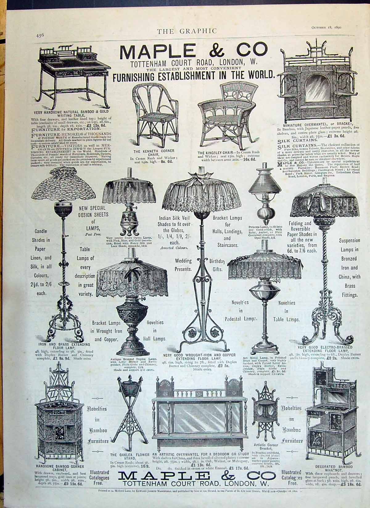 Antique Old Print 1890 Maple Furnishing Establishment Tottenham Court London