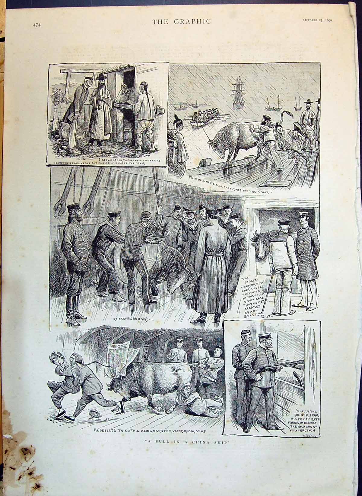Old Print 1890 Bull China Shop Ship Animals Sailors War Rev. Henry White P 19th