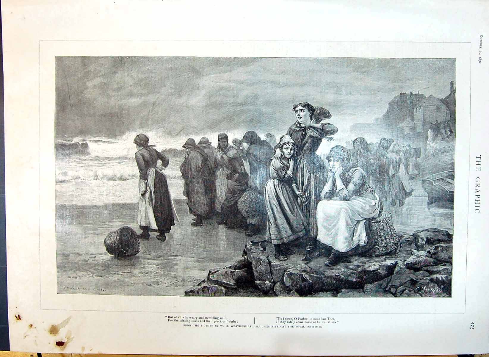 Old 1890 Stormy Sea Beach Scene Fishermens Families Waiting Boats Wea Victorian