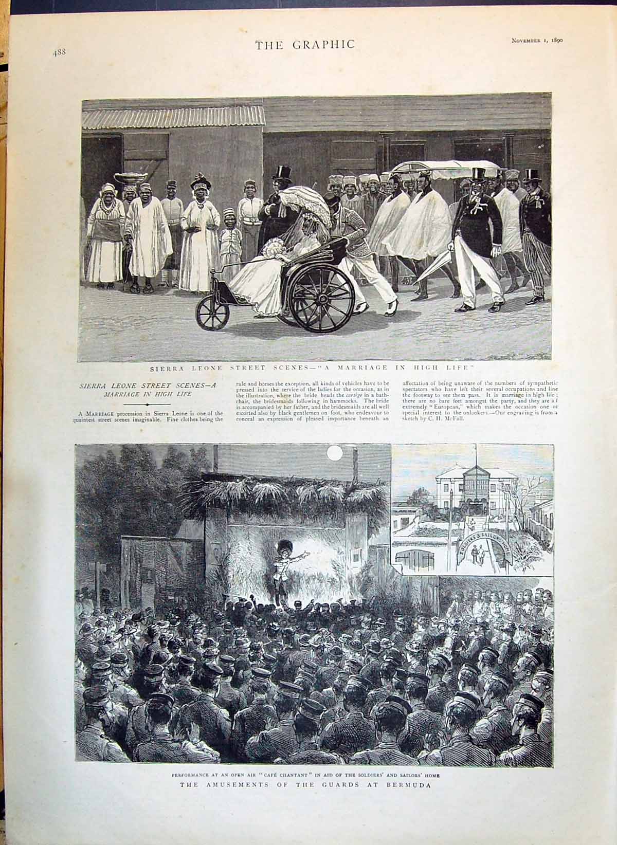 Old Print 1890 Sierra Leone Marriage Scene CafÇ Chantant Siers Guards Be 19th