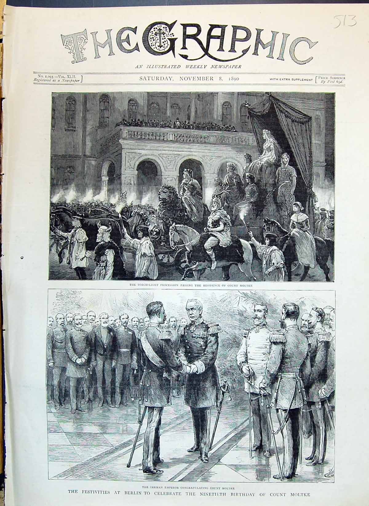 Old 1890 Torch-Light Procession Count Moltke German Emperor Berlin Bi Victorian