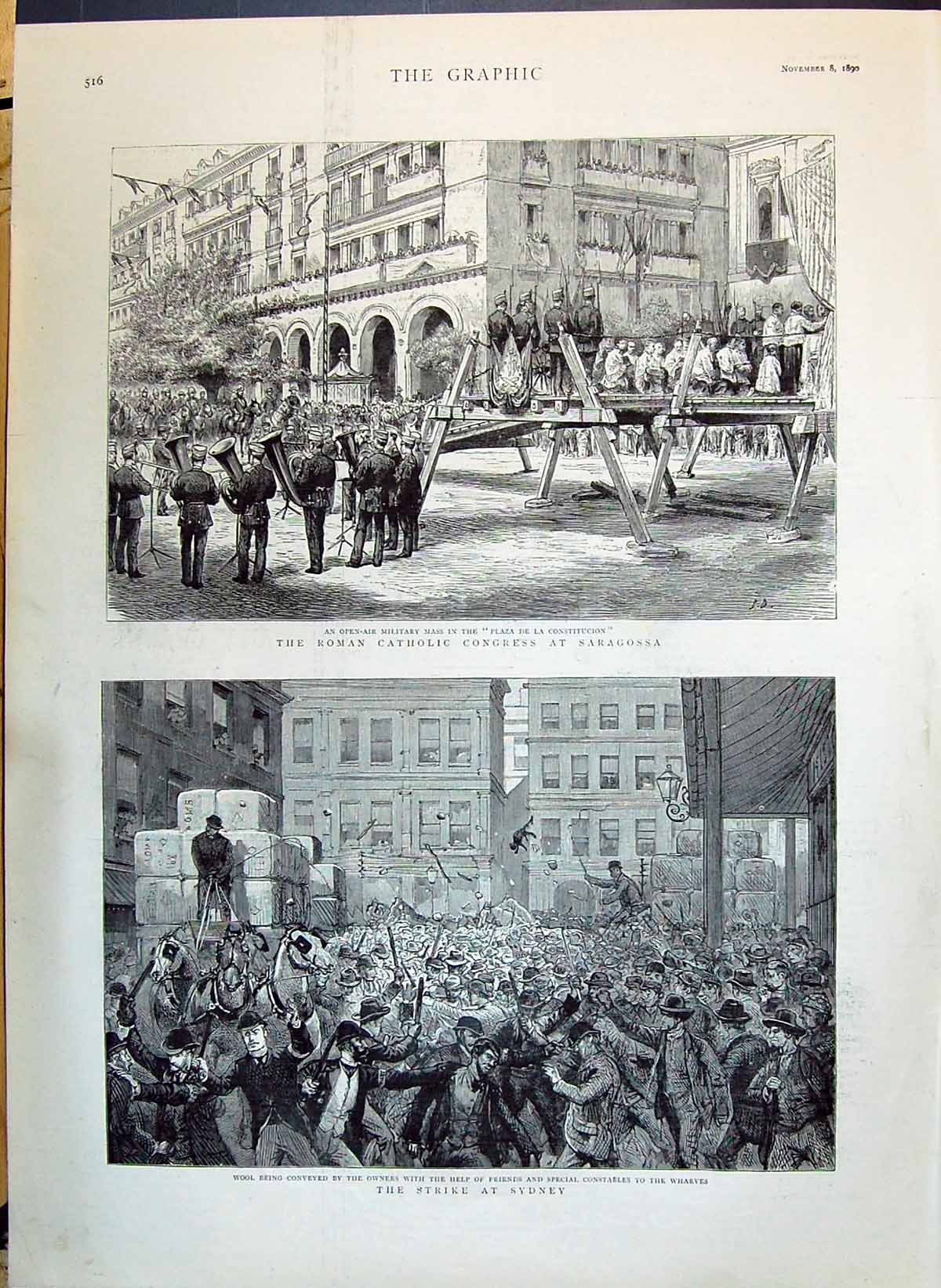 Old 1890 Roman Catholic Congress Saragossa Plaza Constitution Strike Victorian