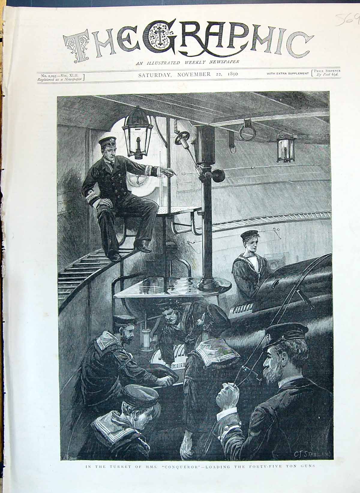 Old 1890 Turret Ship H.M.S. Conqueror Sailors Loading Forty-Five Guns Victorian