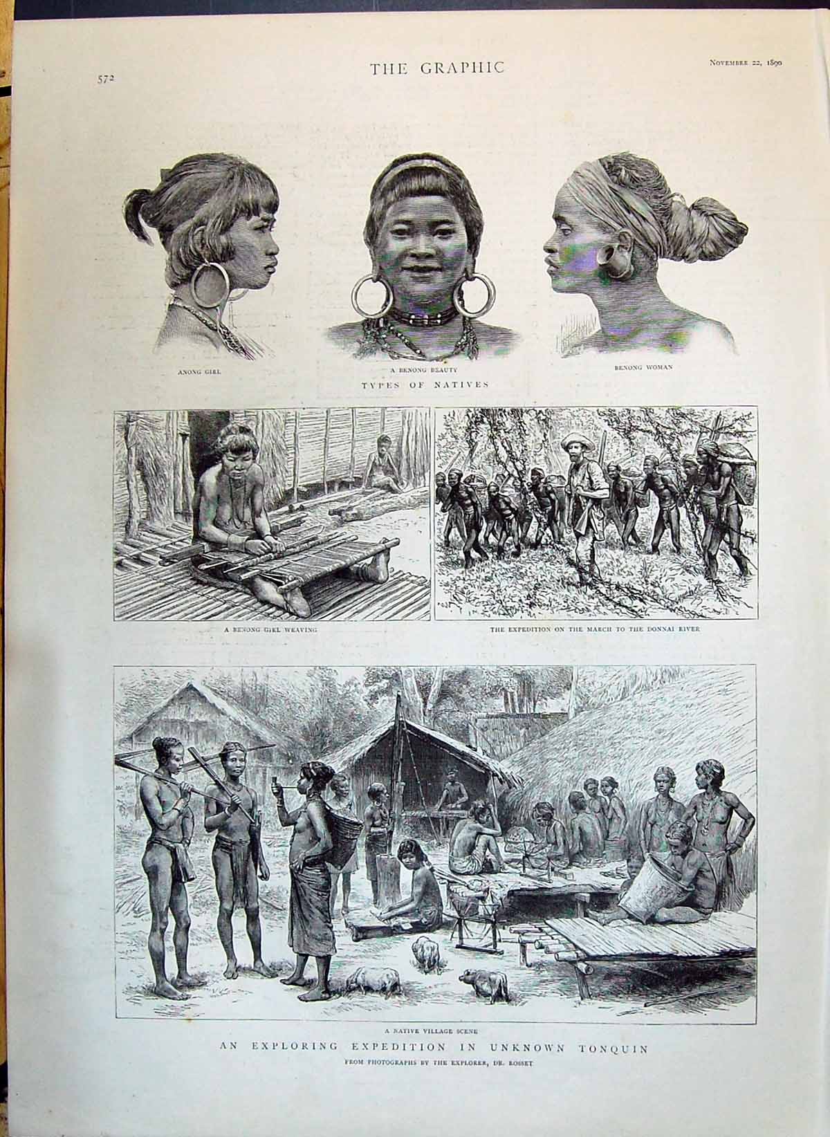 Old 1890 Natives Anong Benong Donnai River Tonquin Village Scene Ross Victorian