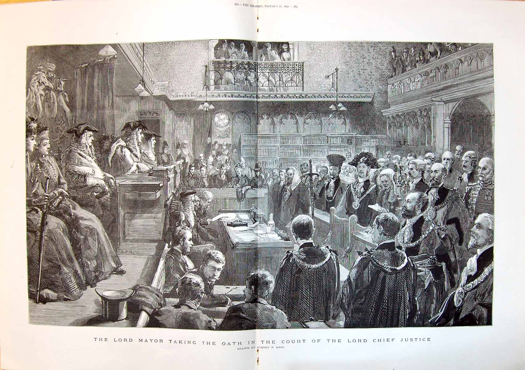Antique Old Print 1890 Lord Mayor Taking Oath Court Lord Chief Justice Sydn 19th