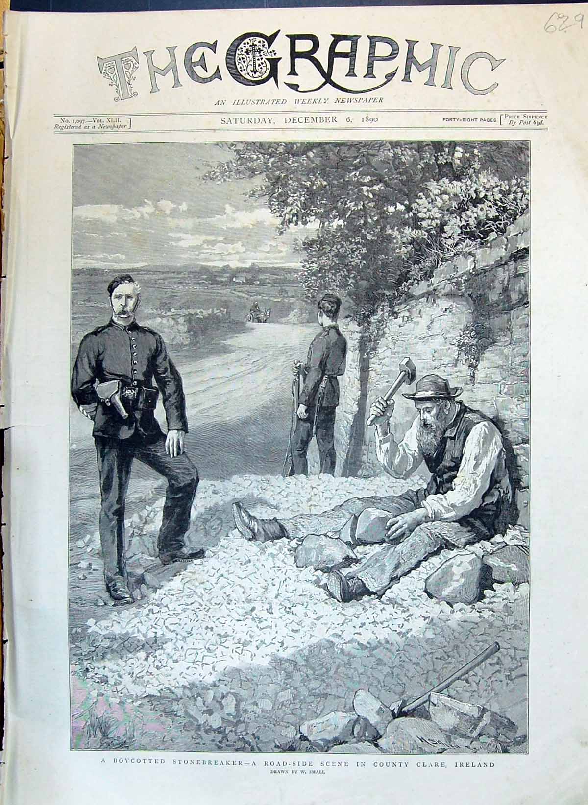 Antique Old Print 1890 Boycotted Stonebreaker Road-Side Scene County Clare 19th