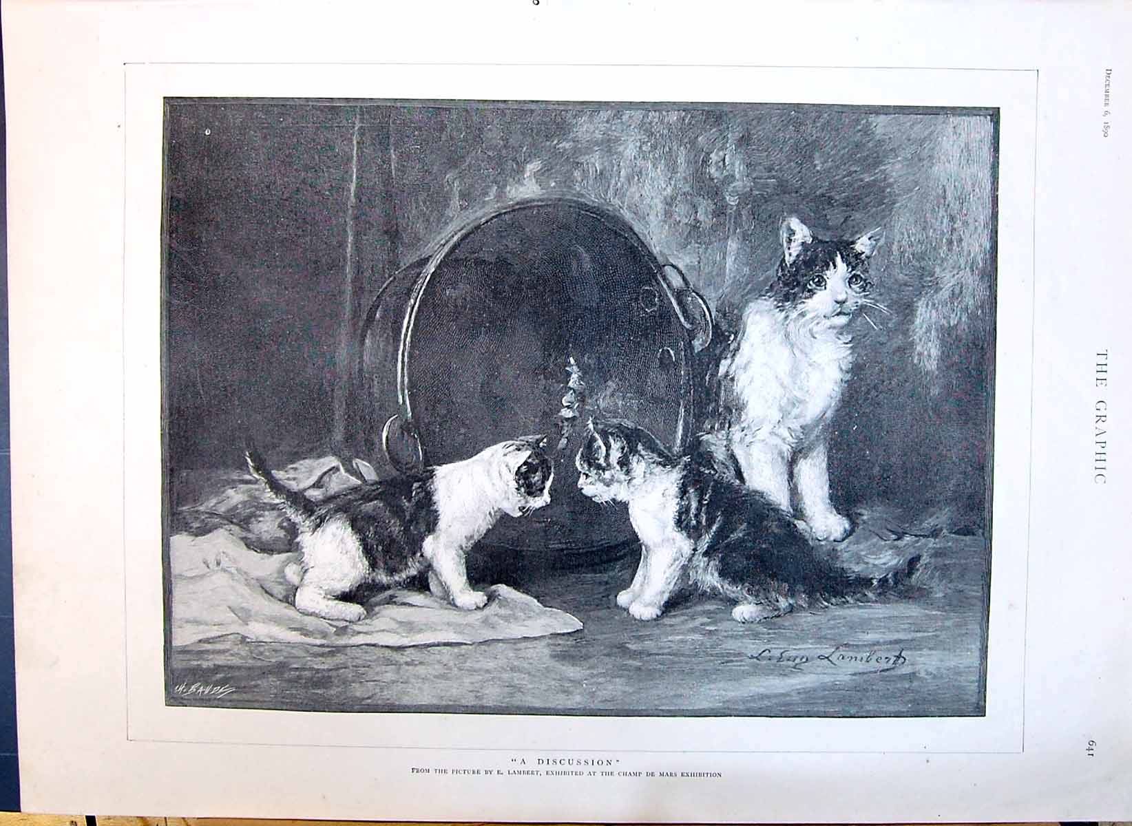Old 1890 Lambert Art Cats Kittens Champ Mars Baschet Marc Hubert Calm Victorian