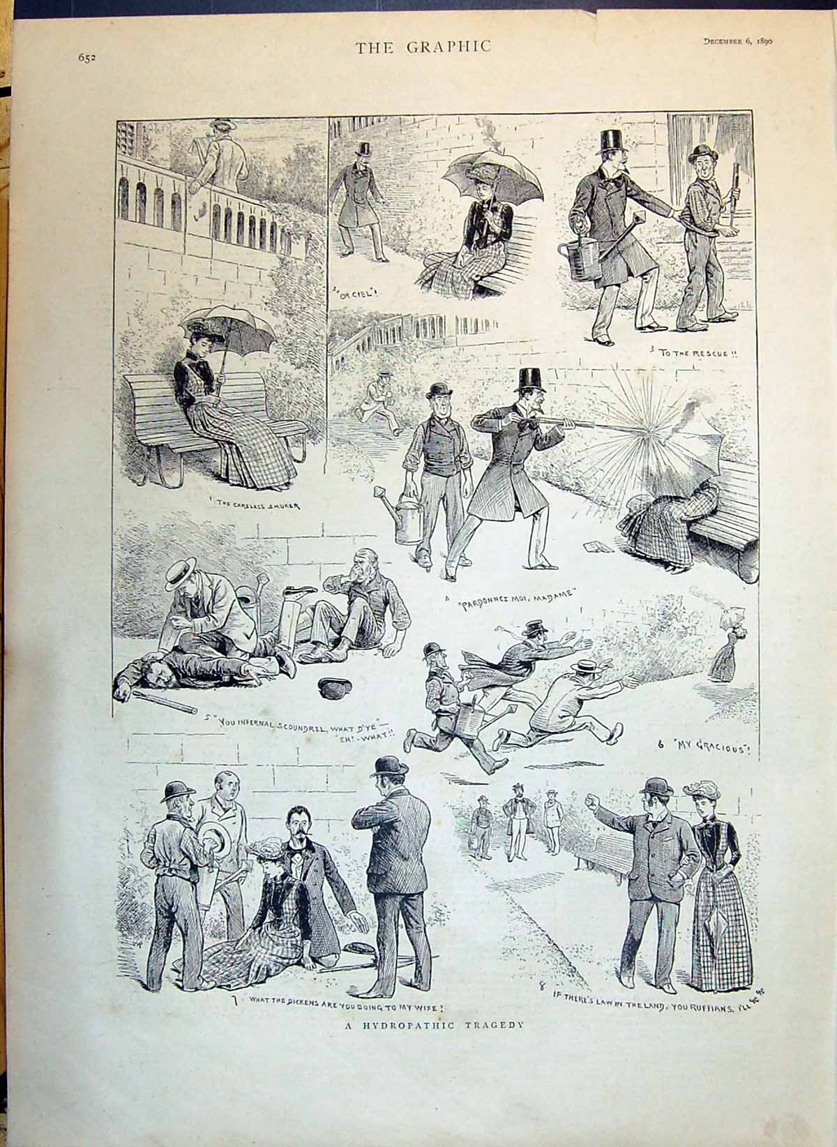 Original Old Antique Print 1890 Hydropathic Tragedy Comedy Sketches Victorian