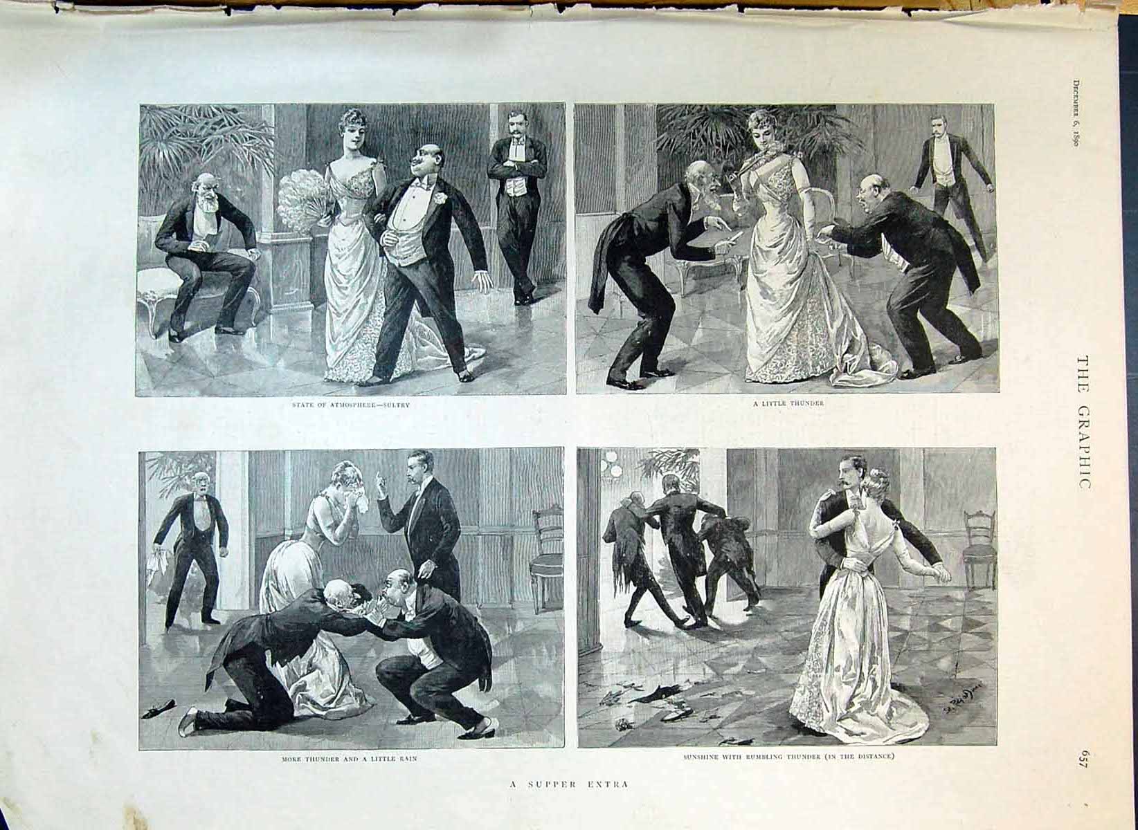 Original Old Antique Print 1890 Supper Extra Men Ladies Romance Arguments 19th