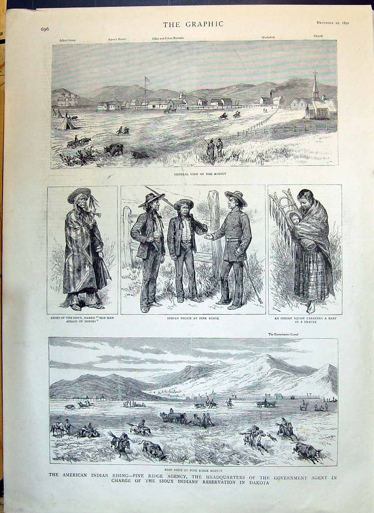 Old 1890 American Indians Rising Pine Ridge Agency Sioux Dakota Freem Victorian