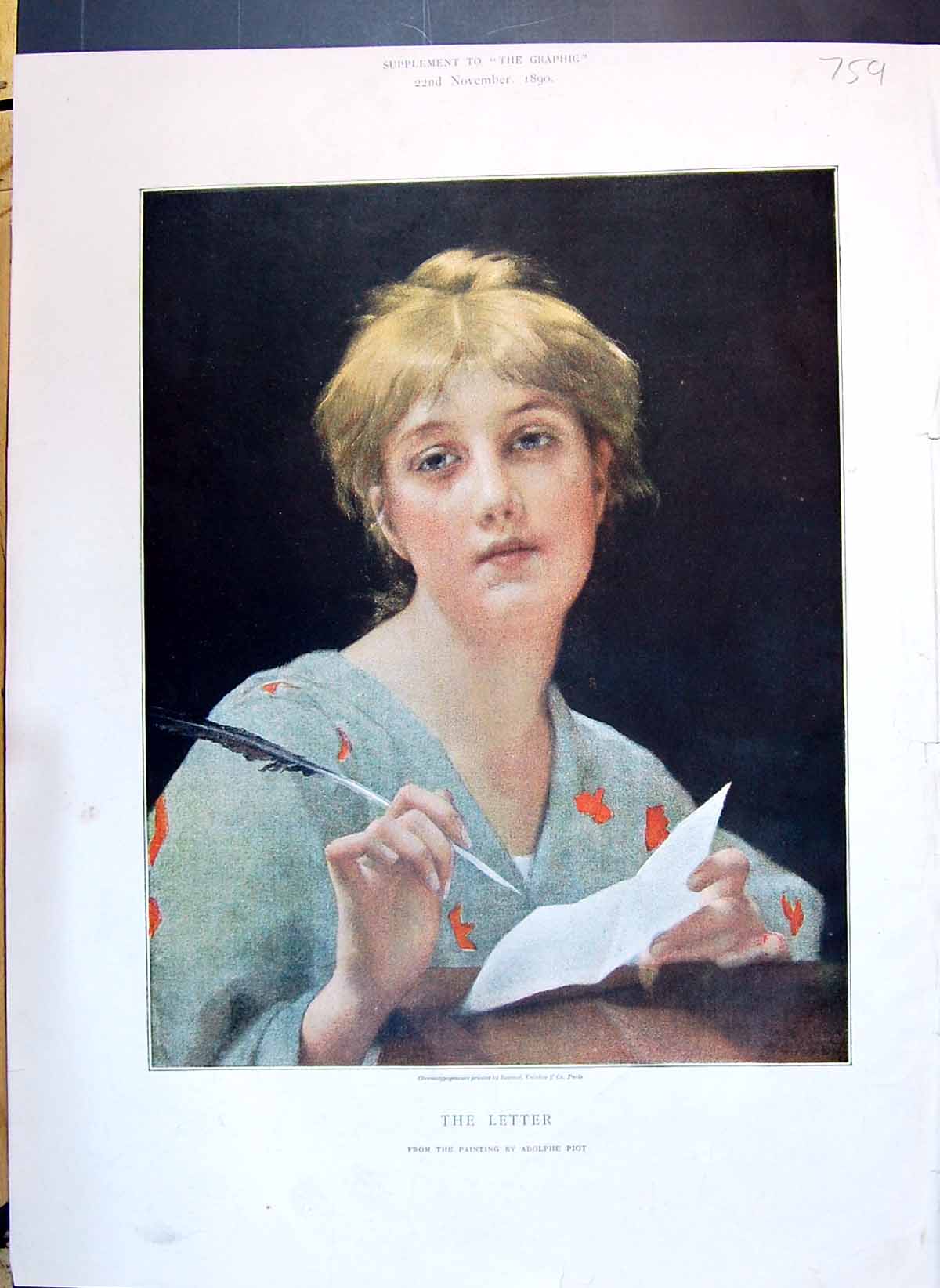 Antique Old Print 1890 Colour Portrait Beautiful Woman Letter Adolphe Piot 19th