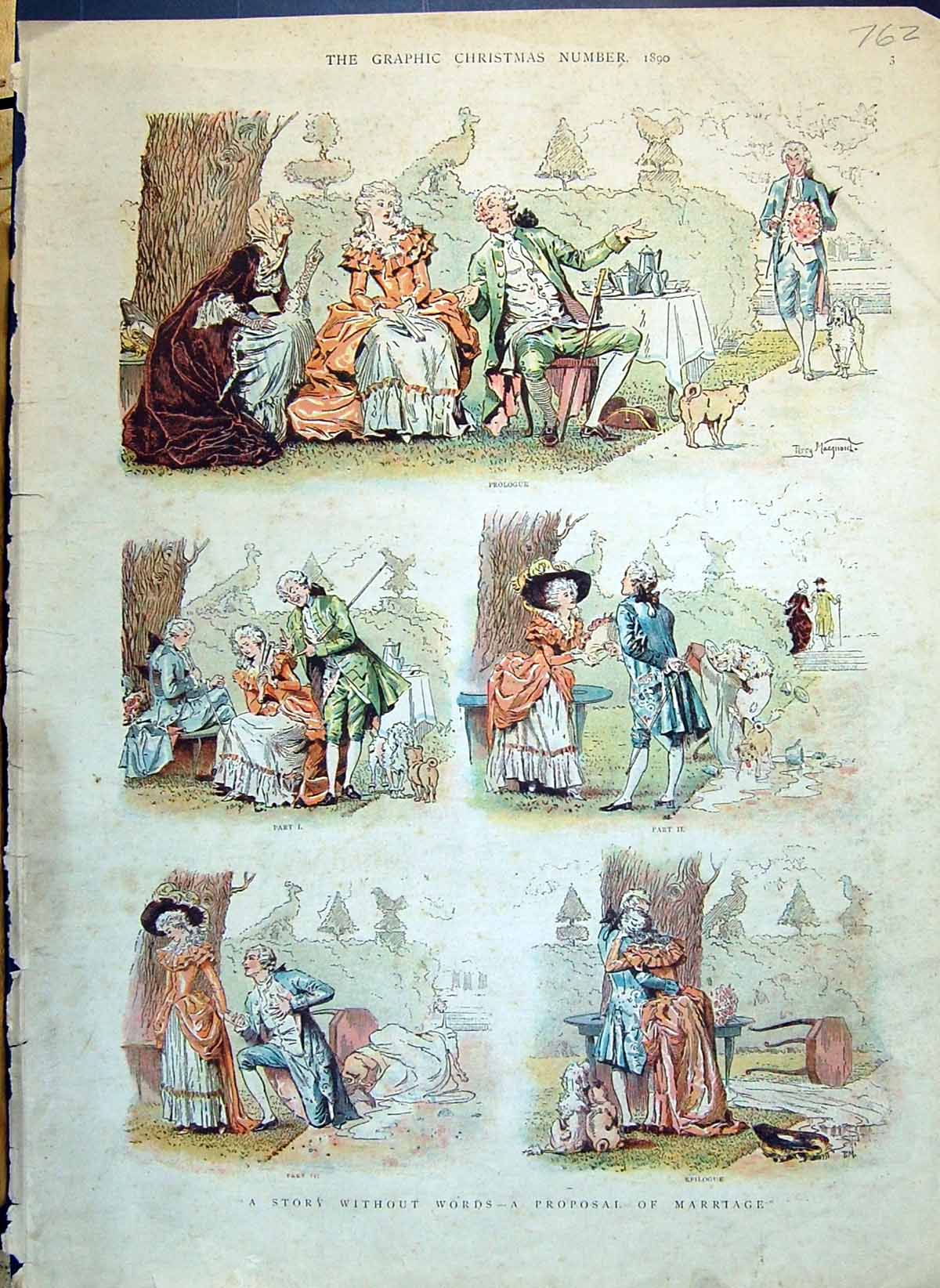 Antique Old Print 1890 Colour Story Without Words Marriage Proposal Romance
