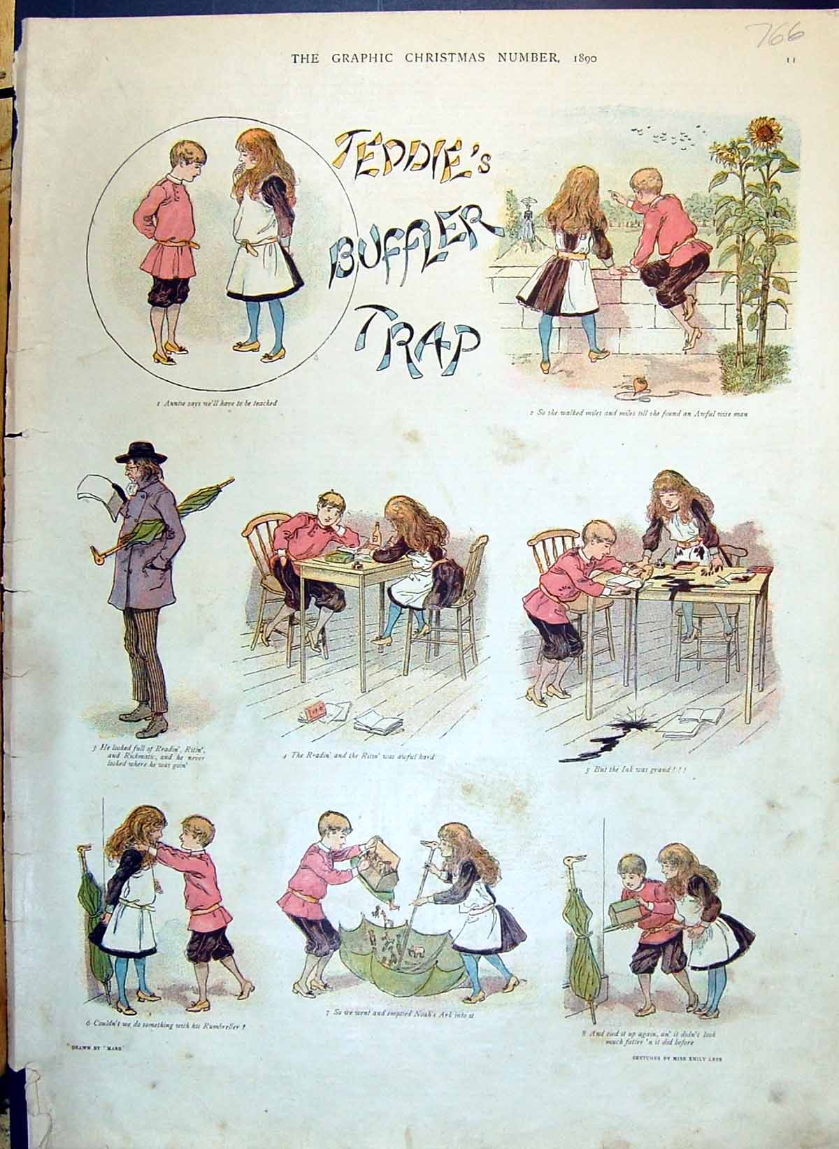 Antique Old Print 1890 Teddie'S Buffler Trap Children Playing Digging Garden
