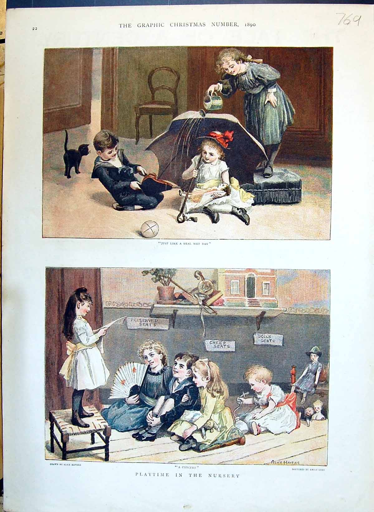 Old Antique Print 1890 Colour Children Playtime Nursery Concert Umbrella 19th