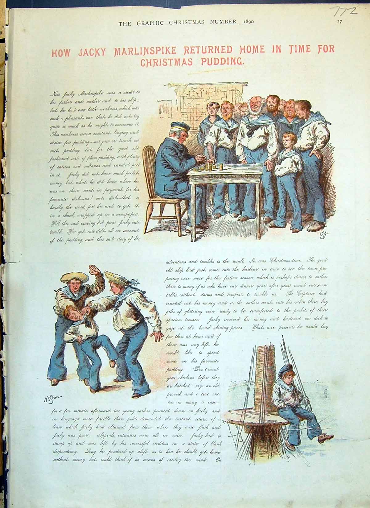 Antique Old Print 1890 Story Jacky Marlinspike Christmas Pudding Sailors Navy