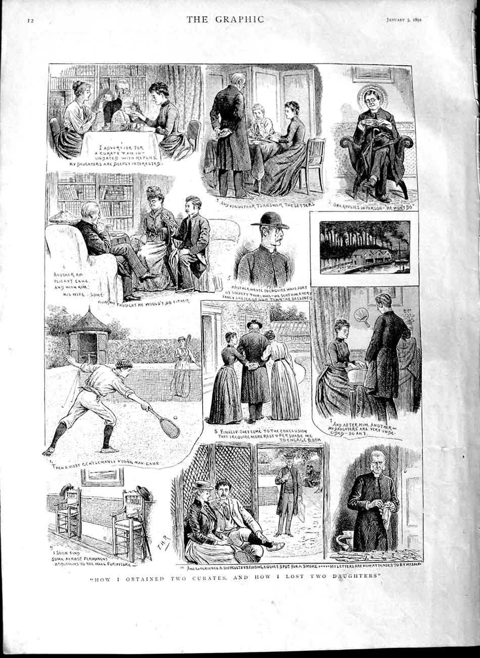 Original Old Antique Print 1891 Story Curates Daughters Tennis 19th