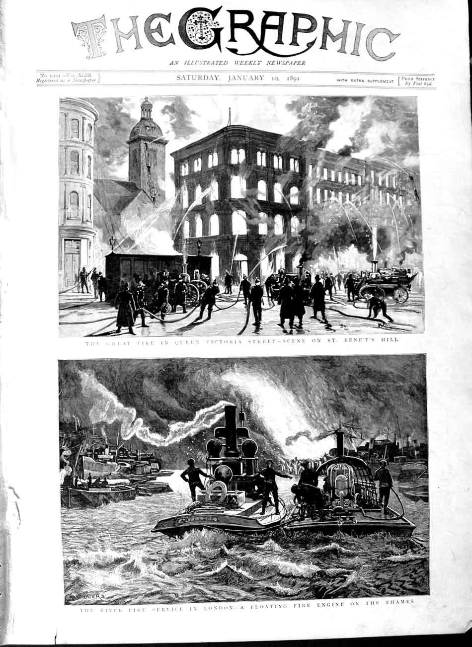 Original Old Antique Print 1891 Fire Victoria Street Engine River Thames London