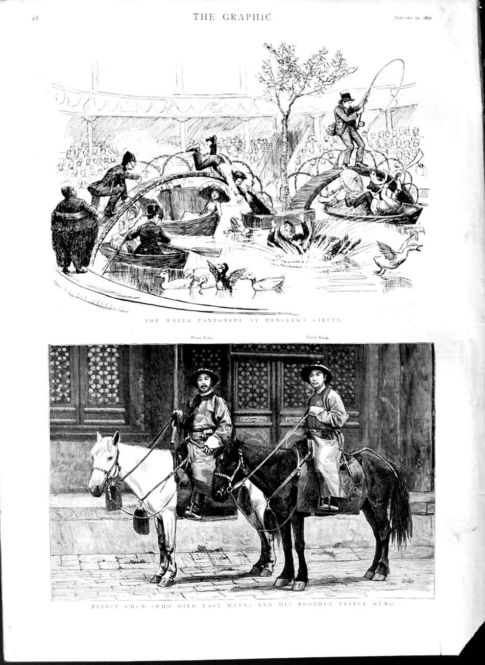 Old Antique Print 1891 Prince Chun Kung Horses Hengler'S Circus Pantomime 19th