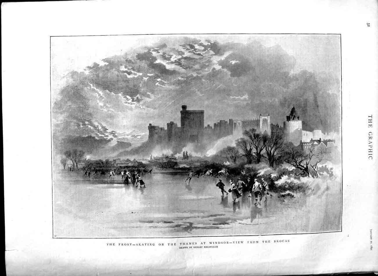 Original Old Antique Print 1891 Ice Skating River Thames Windsor Brocas Winter
