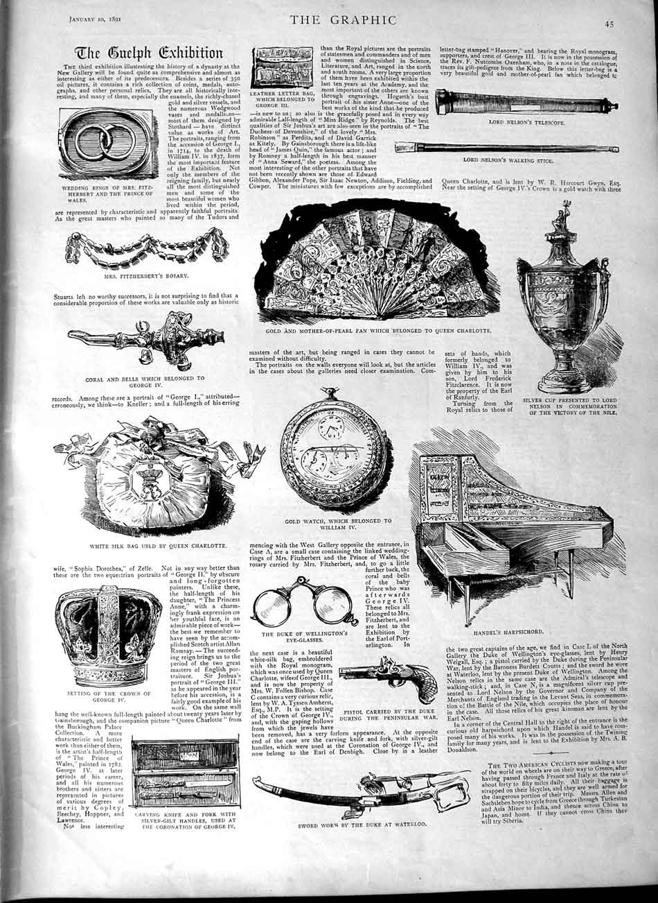 Old Antique Print 1891 Exhibition Sword Duke Waterloo Watch Lord Nelson 19th