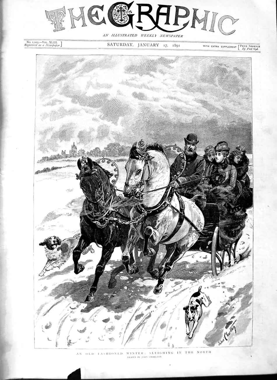 Original Old Antique Print 1891 Winter Snow Horses Sleighing Sledge Dog 19th