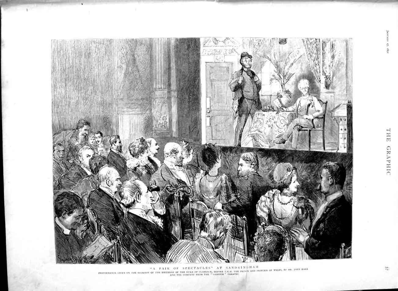 Original Old Antique Print 1891 Sandringham Duke Clarence Garrick Theatre Wales