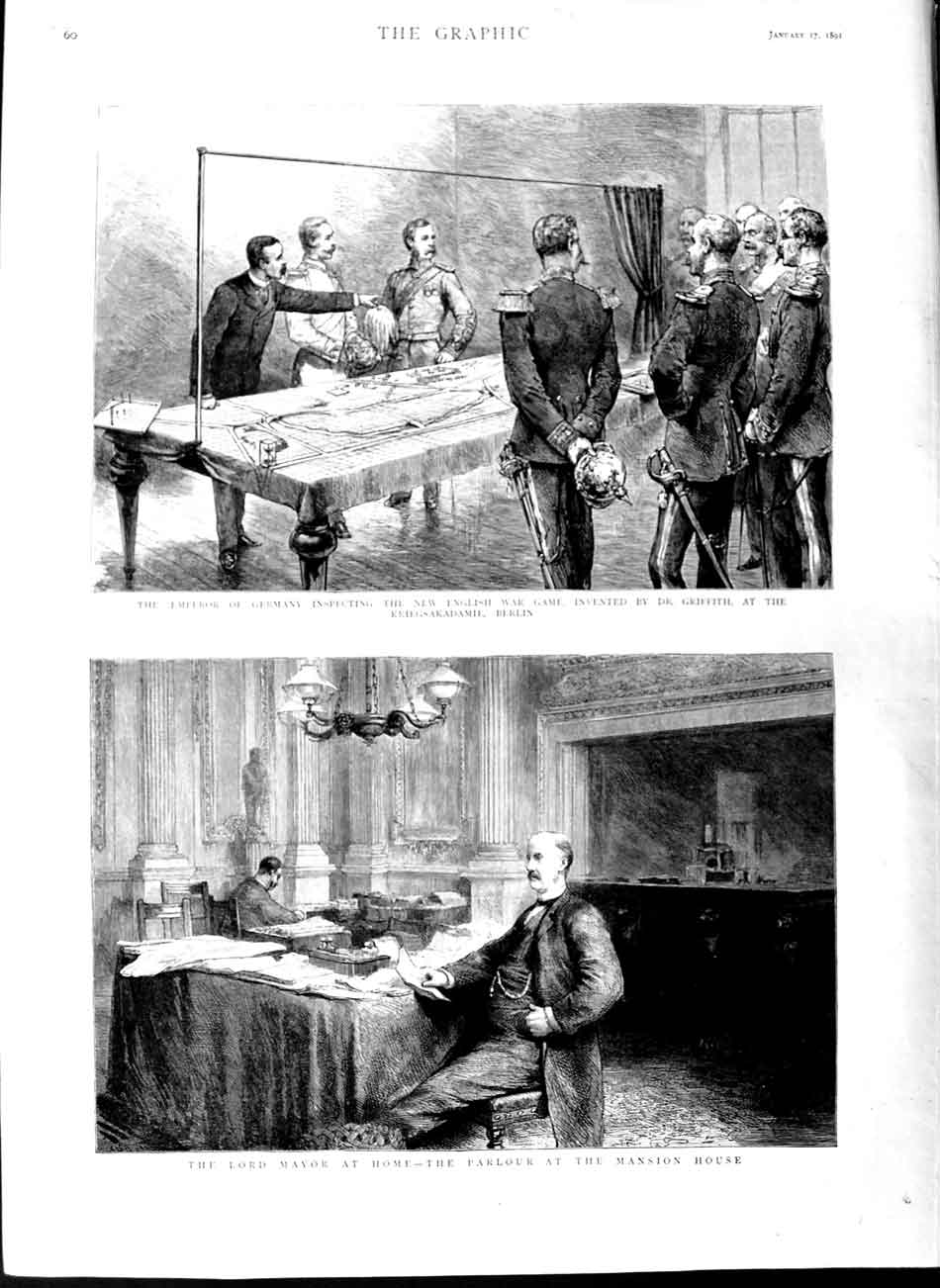Old Antique Print 1891 Emperor Germany Griffith War Game Berlin Mansion 19th
