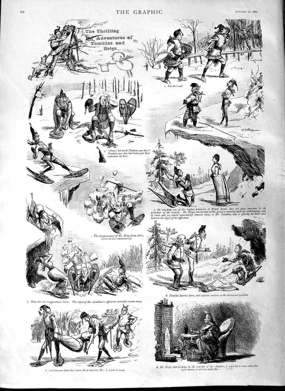 Original Old Antique Print 1891 Sketches Thrilling Adventures Tomkins Brigs