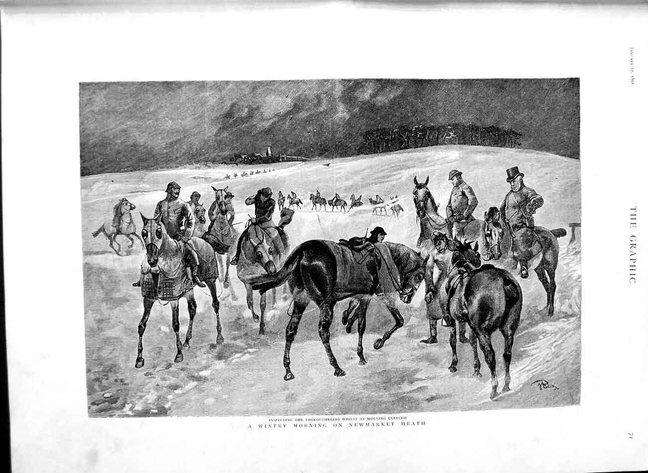 Original Old Antique Print 1891 Wintry Morning Newmarket Heath Horses Jockeys