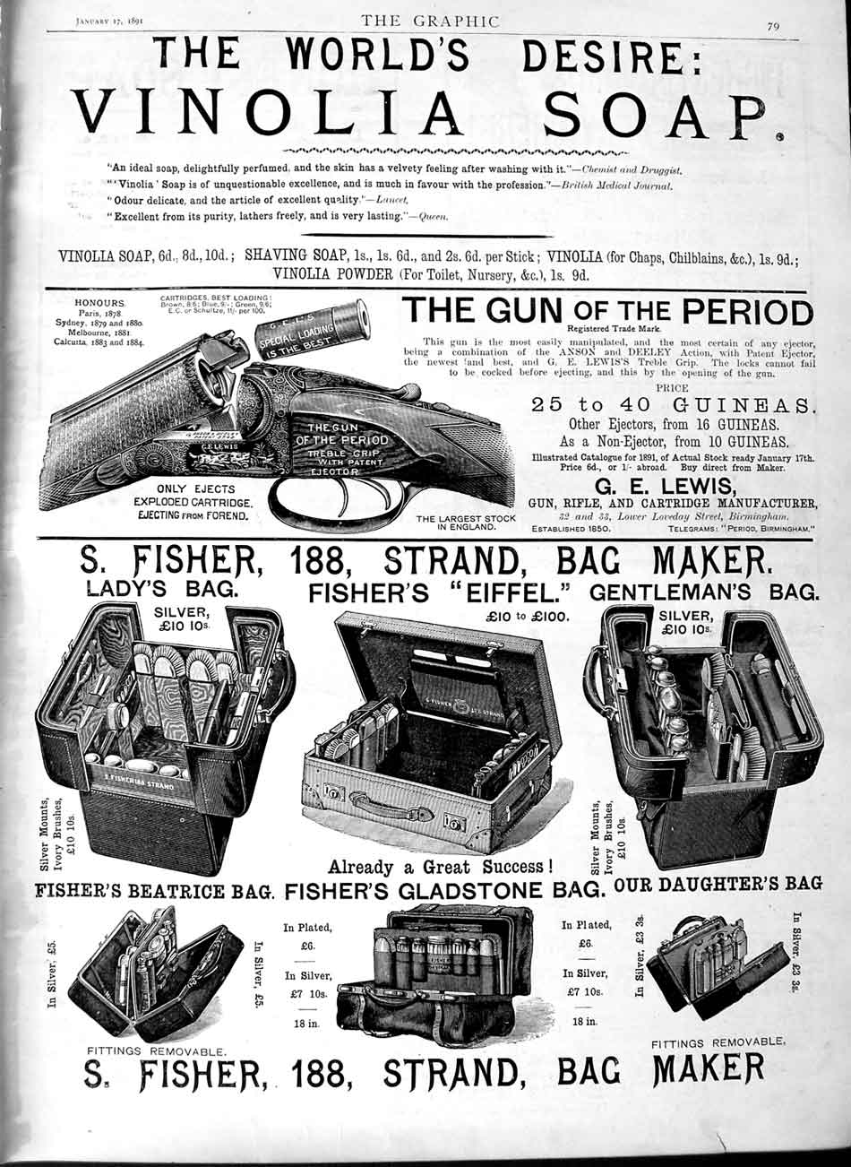 Original Old Antique Print 1891 Advertisement Vinola Soap Gun Fisher Bag Maker