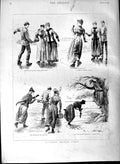 Original Old Antique Print 1891 Family Ice Skating Party Winter Scene Victorian