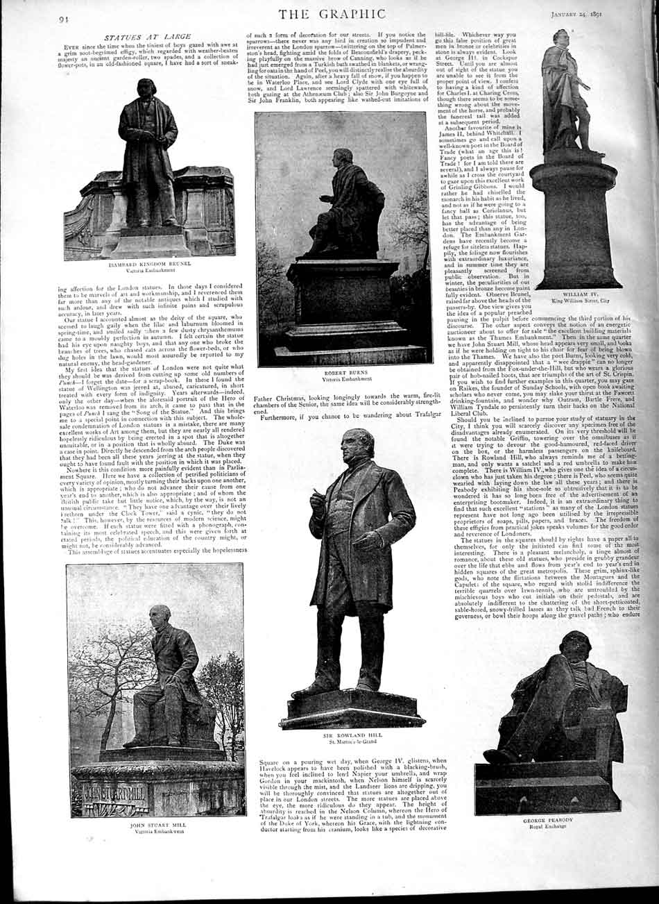 Original Old Antique Print 1891 Statues Hill Peabody Mill Brunel Burns William