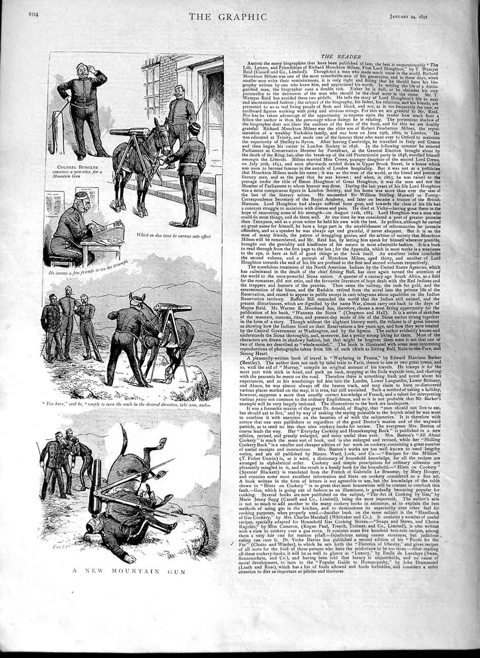 Original Old Antique Print 1891 Comedy Sketch New Mountain Gun Siers Donkey