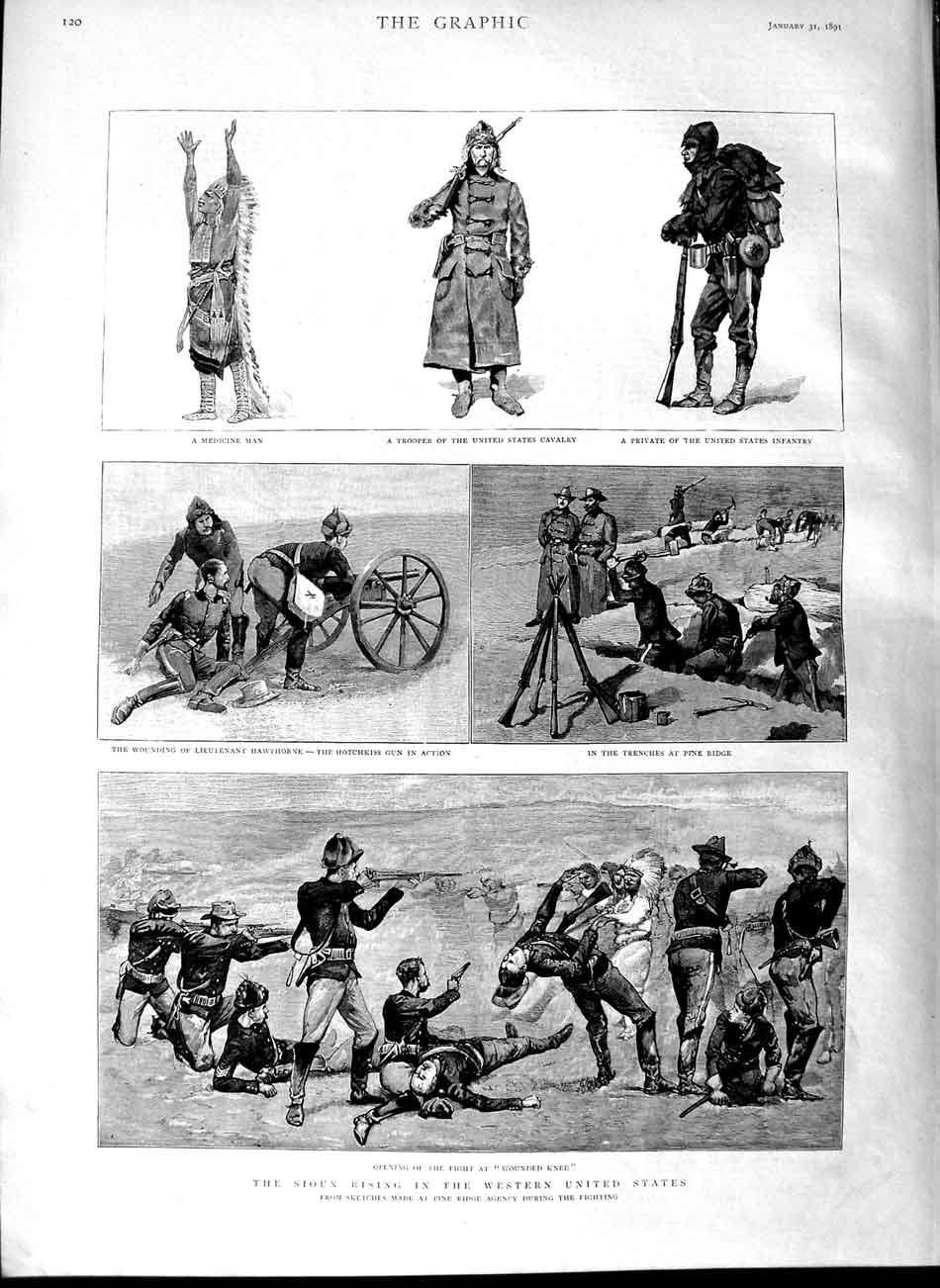 Old Antique Print 1891 Sioux Indians America Medicine Man Hawthorne Army 19th