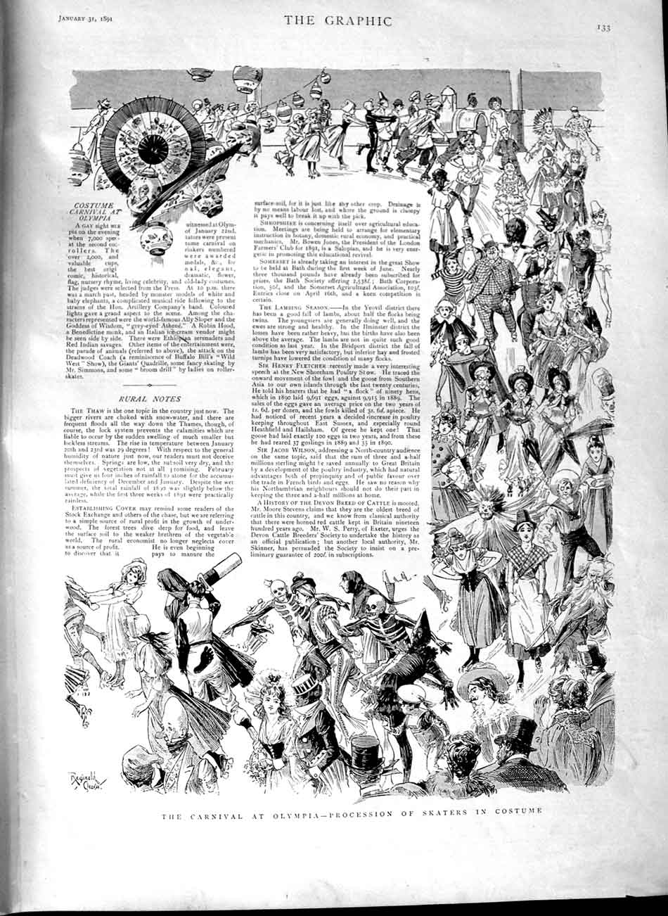Original Old Antique Print 1891 Carnival Olympia Procession Skaters Costumes