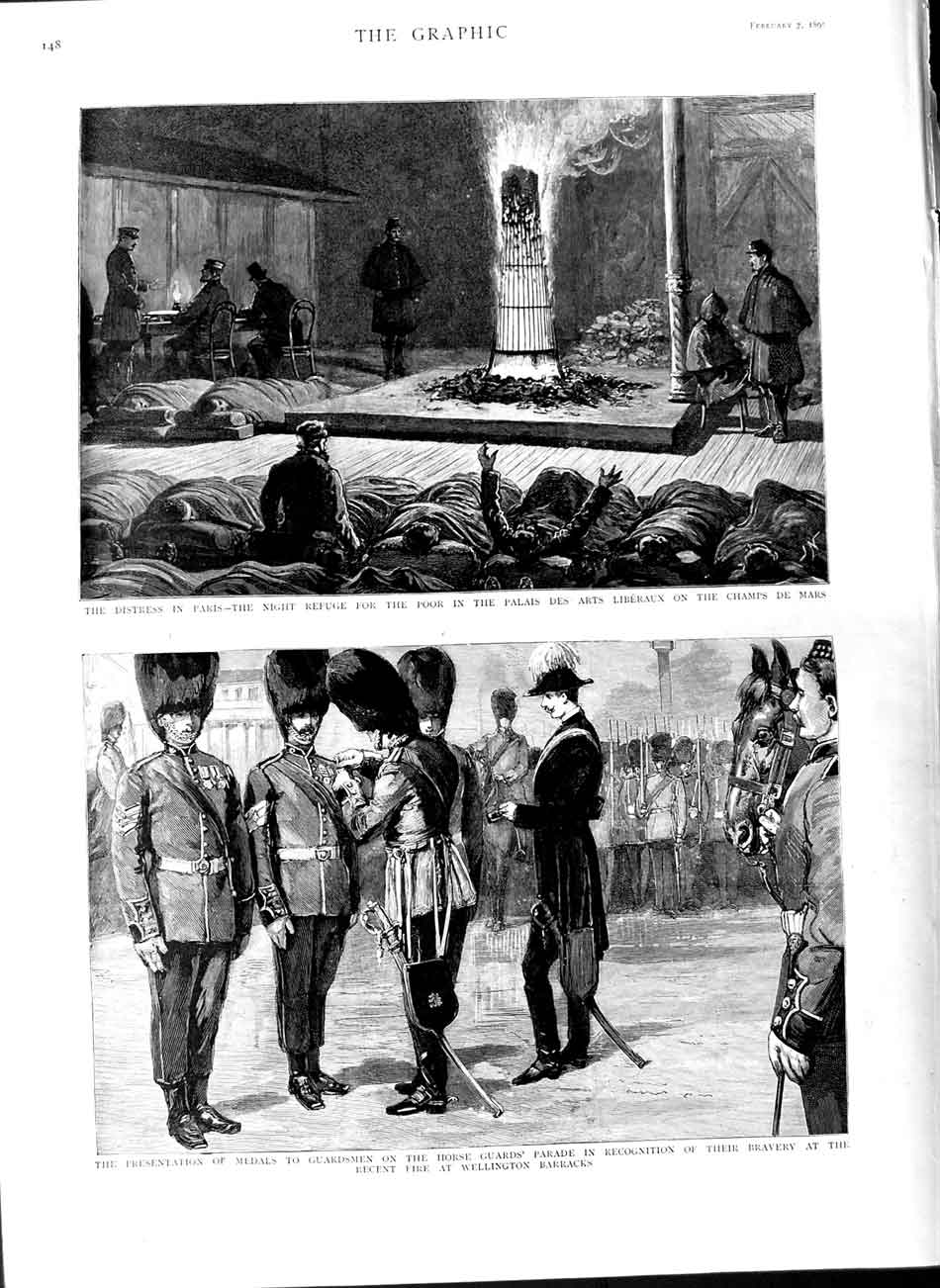 Old Antique Print 1891 Paris Refuge Palais Liberaux Horse Guards Parade 19th