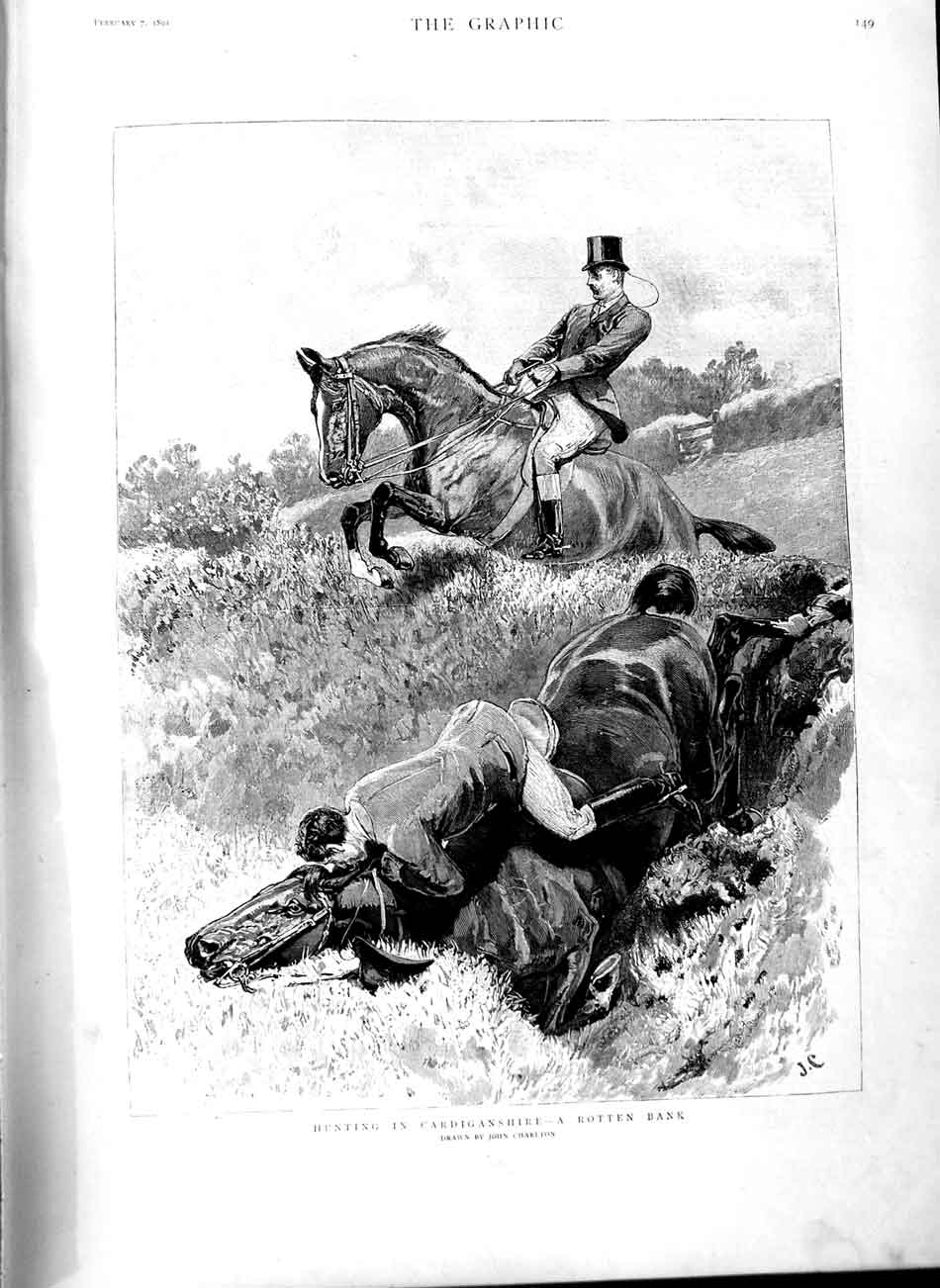 Old Antique Print 1891 Fox Hunting Cardiganshire Wales Rotten Bank Horse 19th