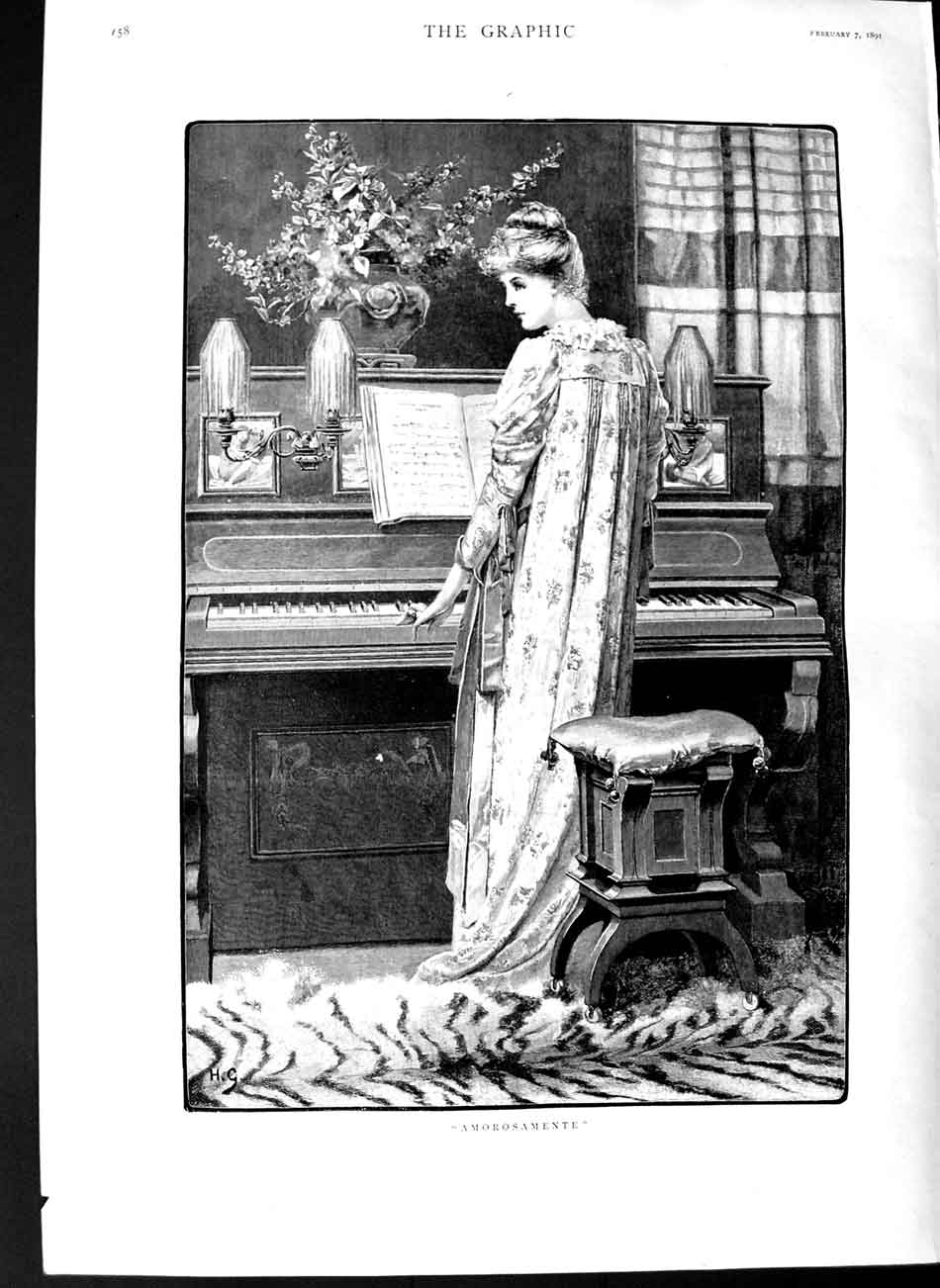 Original Old Antique Print 1891 Fine Art Amorosamente Lady Woman Piano 19th