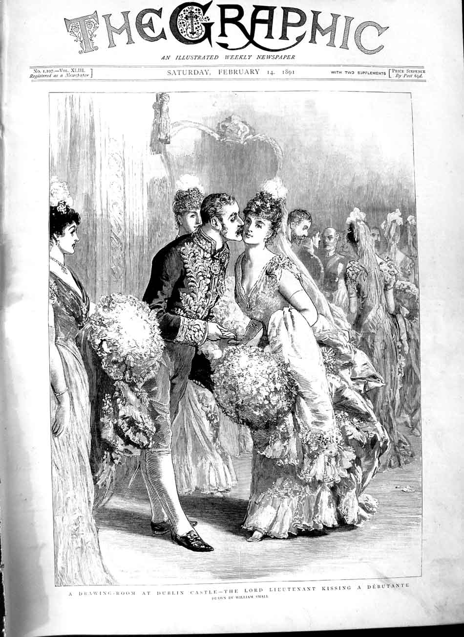 Old Antique Print 1891 Drawing Room Dublin Castle Lord Lieutenant Dance 19th
