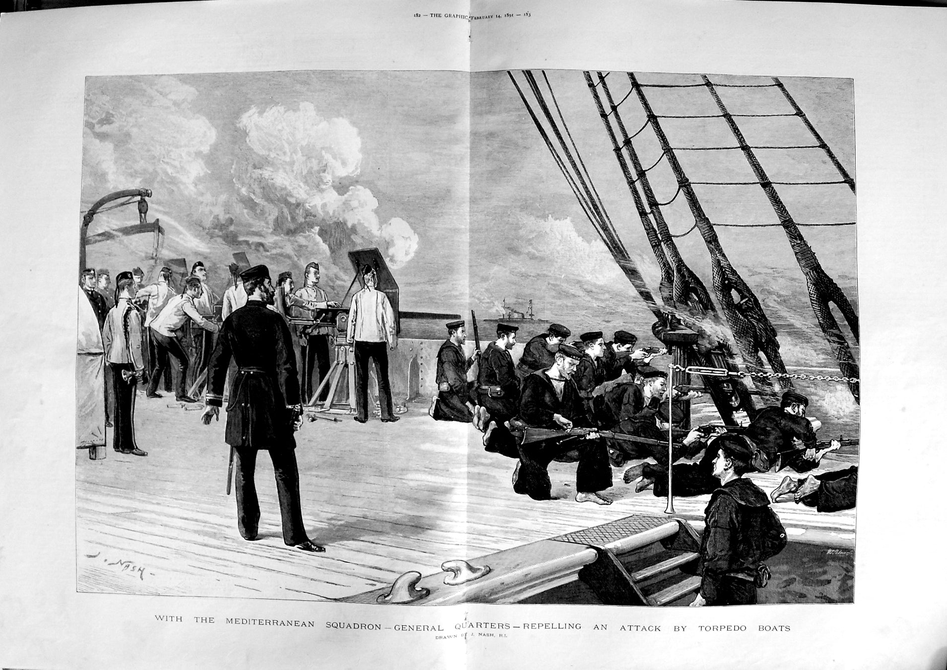 Old Antique Print 1891 Mediterranean Squadron Repelling Attack Torpedo 19th