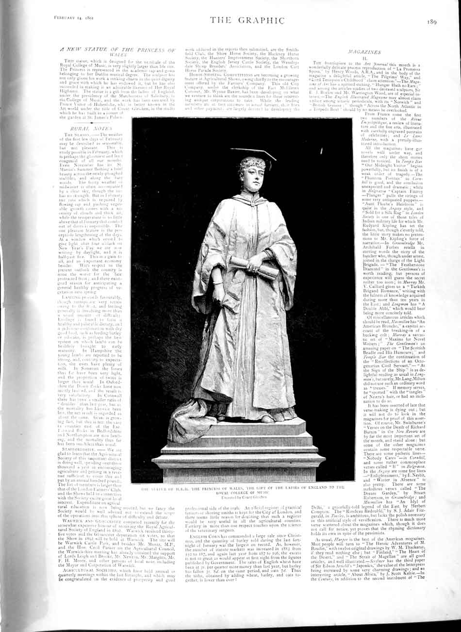 Old Antique Print 1891 Statue Princess Wales Ladies England College Music 19th