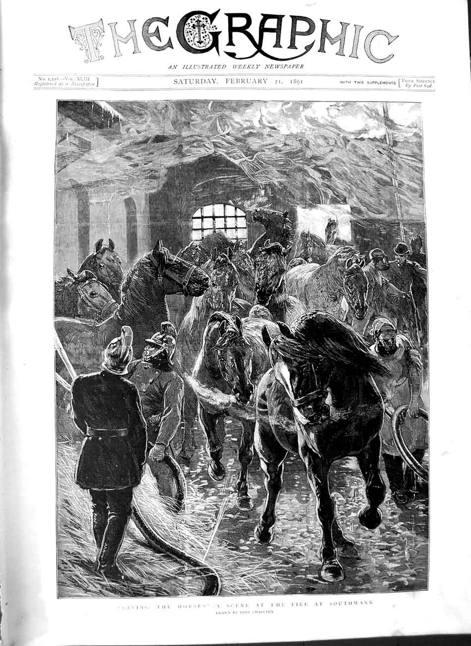 Original Old Antique Print 1891 Scene Fire Southwark Saving Horses Fine Art