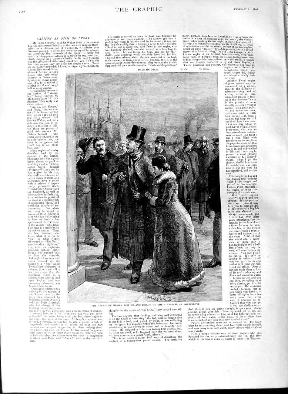 Original Old Antique Print 1891 Scene Arrest Messrs O'Brien Dillon Folkestone
